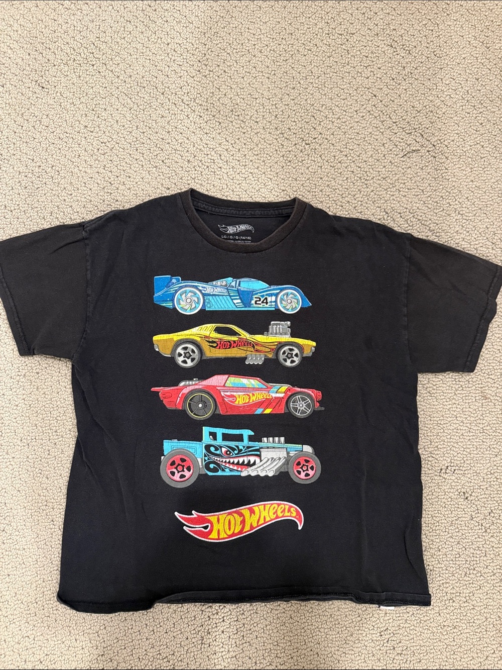 Hot Wheels Black Short Sleeve Tee with Colorful Car Graphics